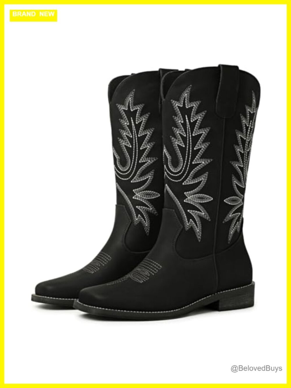 Western Cowboy Boots Mid Calf Square Toe Faux Leather Pull On